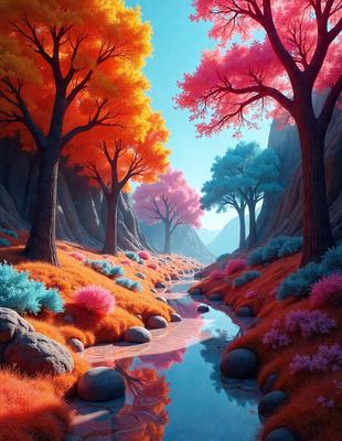 The primary subject of the image is a river flowing through a forest. The river is surrounded by trees, rocks, and flowers, creating a serene and picturesque scene. The setting is a natural environment with a blue sky in the background. The visual style is a digital art or illustration, showcasing the artist's creativity and attention to detail. The colors and mood of the image are predominantly warm and vibrant, with the presence of pink, orange, and blue hues, giving the scene a lively and inviting atmosphere.